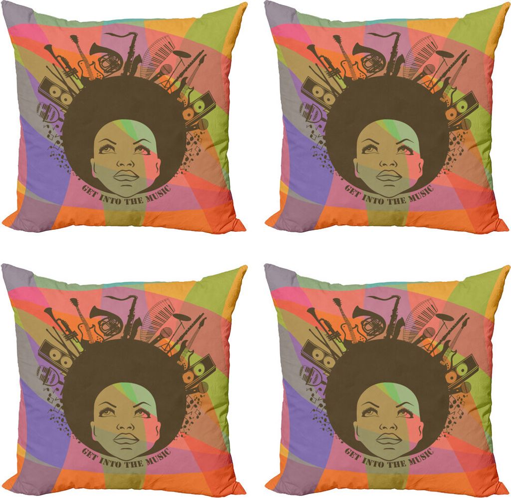 ABAKUHAUS Musik Kissenbezug Set (4 Stück), Amerikanische Frau, Moderner Doppelseitiger Digitaldruck, 40 cm x 40 cm, Mehrfarbig