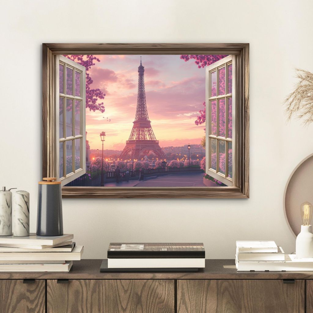 MuchoWow Wanddekoration Metall Metallbild Wandkunst 40x30 cm Durchsichtig - Paris - Eiffelturm - Rosa - Kirschblüte MuchoWow Aluminium Gemälde - ...