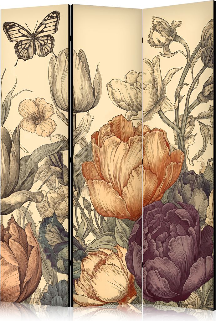 3-teiliger Doppelseitiger Vlies Paravent - Tulips in Cream - Illustration of Flowers and Butterflies on a Light Background 135x172 cm Blumen b-H-10...