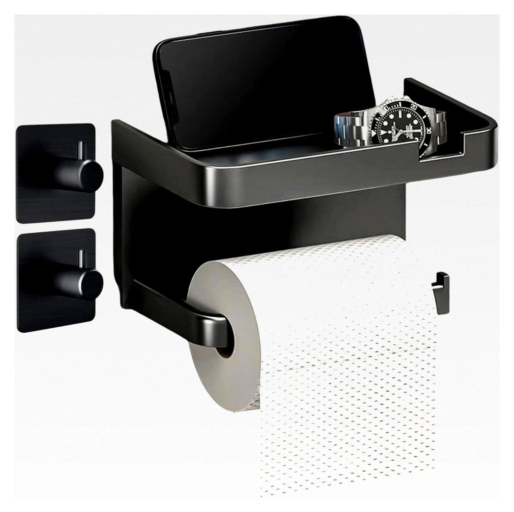 Toilettenpapierhalter ohne Bohren, selbstklebend mit Ablage und 2 Handtuchhaken, Wandmontage für Küche und Badezimmer (Schwarz)