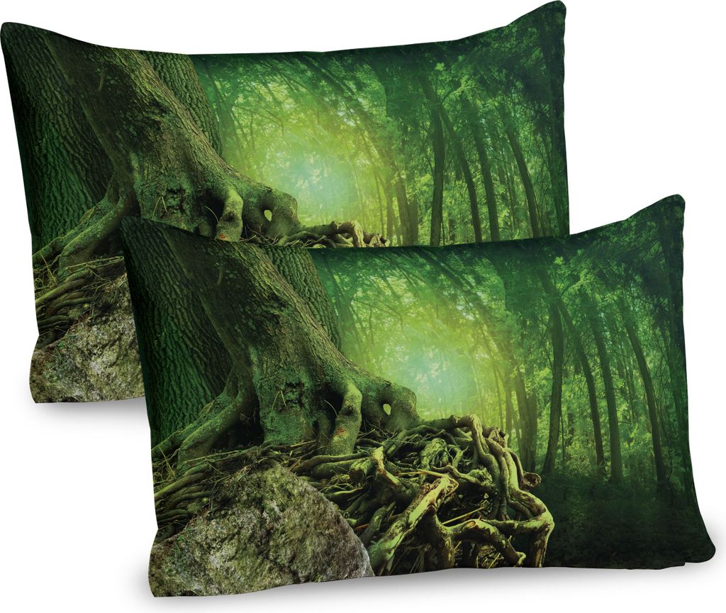 ABAKUHAUS Wald Kissenbezug Packung mit 2, Mysterious Woods Landschaft Alte Bäume, Dekorativer Gedruckter Kissenbezug, 80x40 cm, Lindgrün Grün