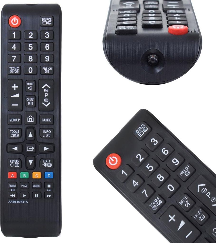 Three views of a black TV remote control against a white background.