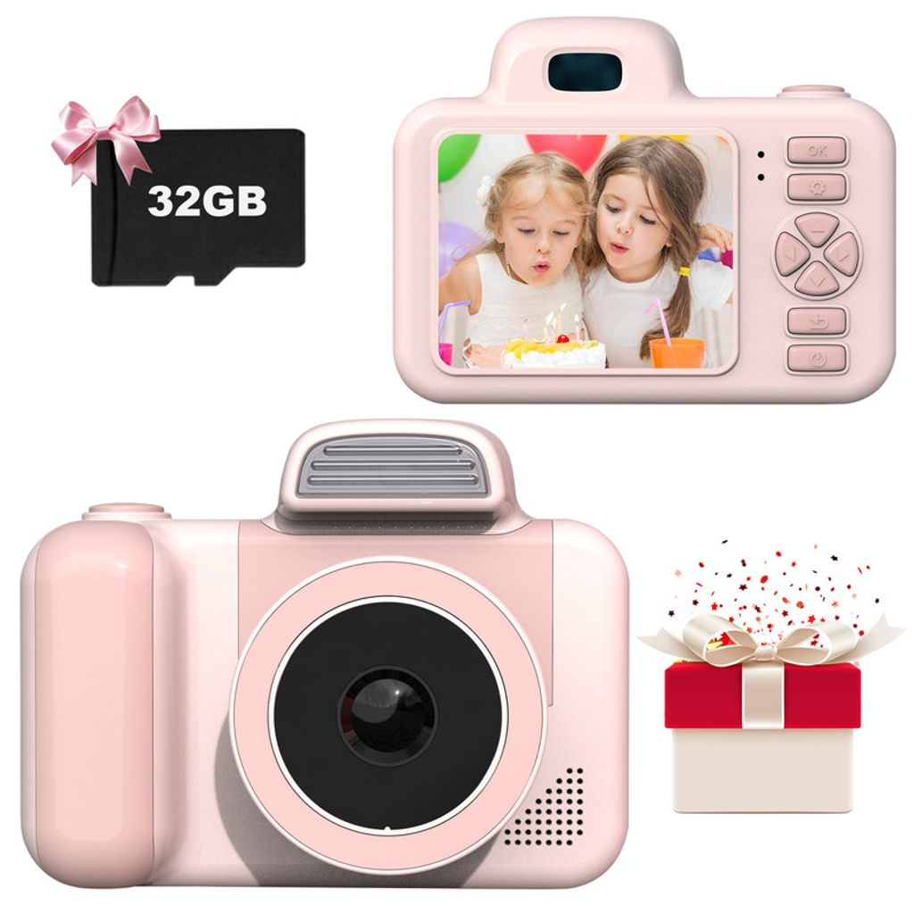 (Rosa) Kinder-Selfie-Kamera HD-Digitalvideokameras für Kleinkinder, tragbares Spielzeug für Kinder mit 32-GB-SD-Karte