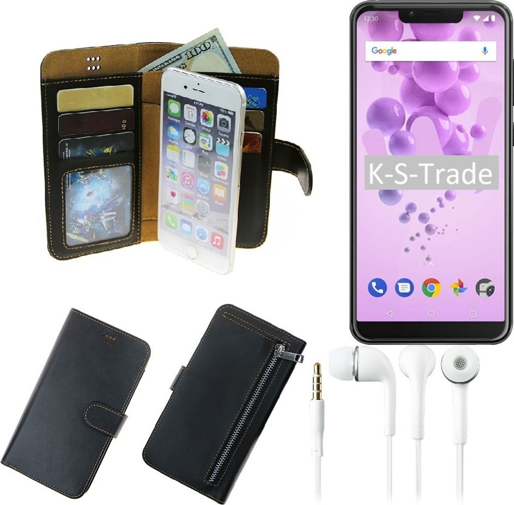 TOP SET Handy Hülle Schutz Hülle kompatibel mit Wiko View 2 GO schwarz aus Kunstleder + Kopfhörer Smartphone Tasche vollwertige Geldbörse