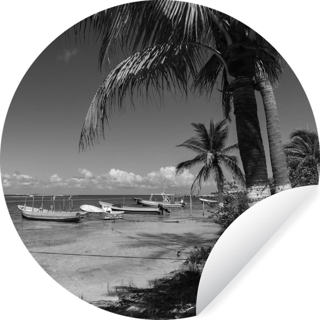 MuchoWow Runde Wandtattoo - Wandsticker Tapete Aufkleber Strand der nordamerikanischen Isla Mujeres - Schwarz und Weiß Ø 80 cm Selbstklebend un...