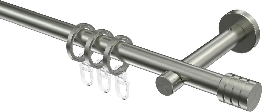Interdeco Gardinenstange / Vorhangstange Edelstahl, Typ Enorma Selma (Rillenkappe), 16 mm Ø 1-läufig, 220 cm