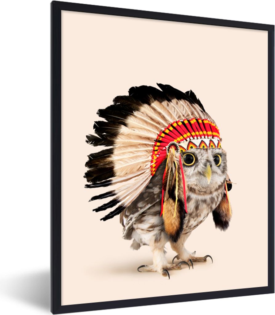 MuchoWow Gerahmtes Poster Eule - Indianer - Federn - Tiere 60x80 cm - Poster mit Schwarzem Bilderrahmen Wandposter Rahmen Foto Bilder - Premium -...