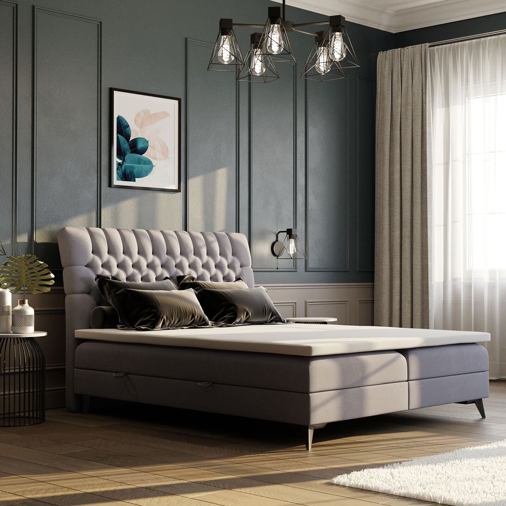 Boxspringbett MEBY 160x200 cm - Doppelbett mit Kopfteil und Bettkasten, mit H3-Matratze + Topper - Mittelgrau Magic Velvet 2217