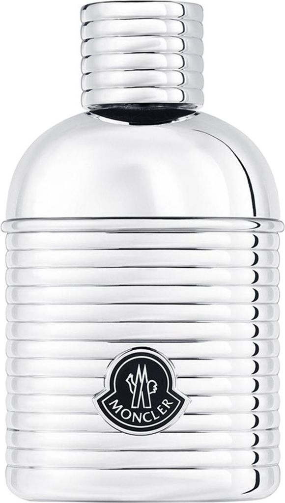 A silver perfume bottle with the Moncler logo.