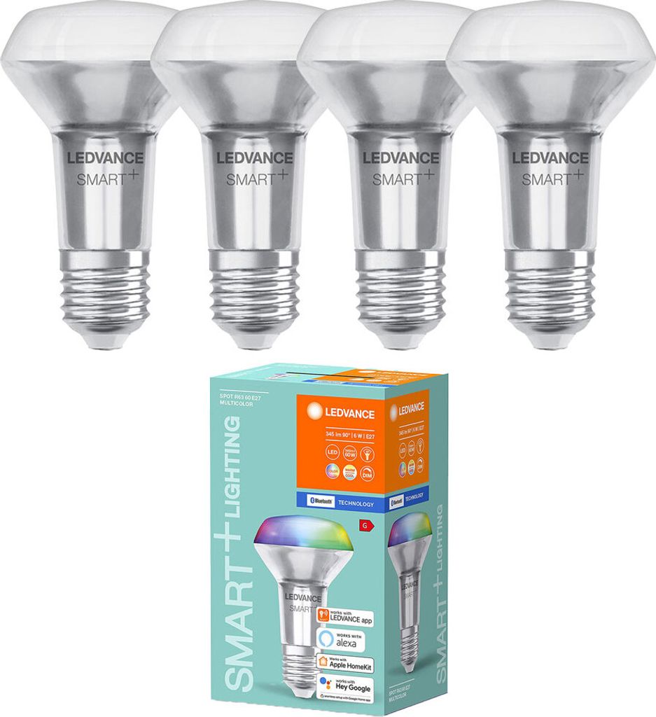 Four LED smart bulbs and their packaging are displayed against a white background.