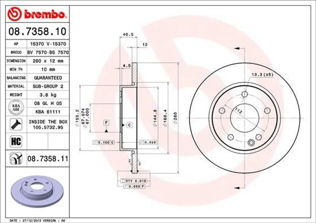 Disque de frein arrière Brembo pour Mercedes Classe A W168 08.7358.11
