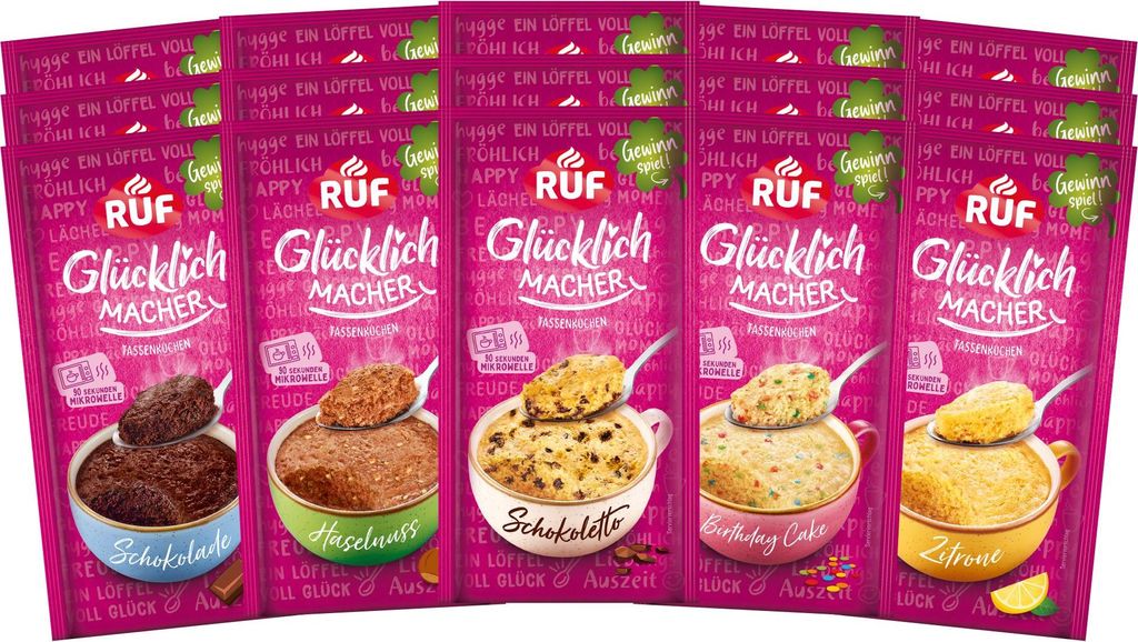 A collection of five RUF Glücklichmacher Tassenkuchen (mug cake) pouches, each displaying a different flavor.
