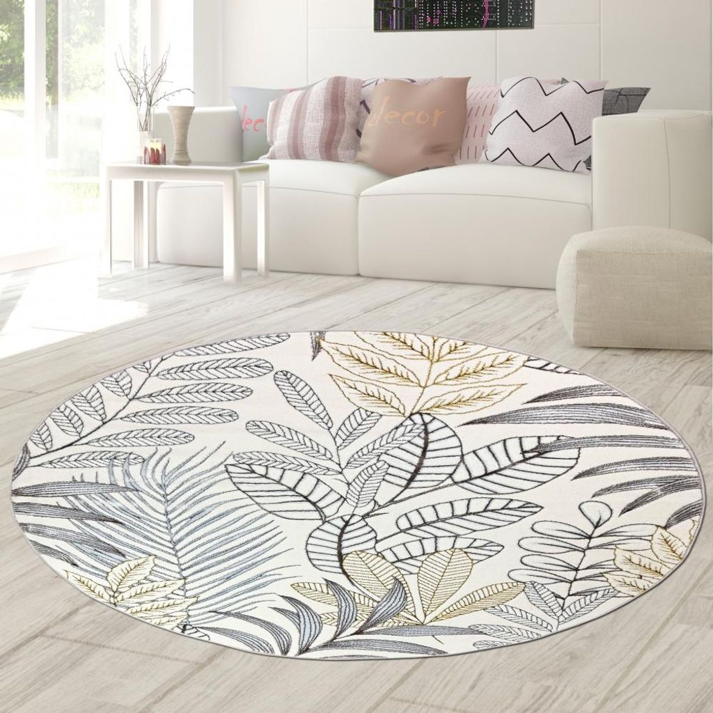 Moderner Kurzflorteppich Creme Blätterdesign mit Glanzoptik für Wohnzimmer Schlafzimmer und Flur Größe - 200 cm Rund