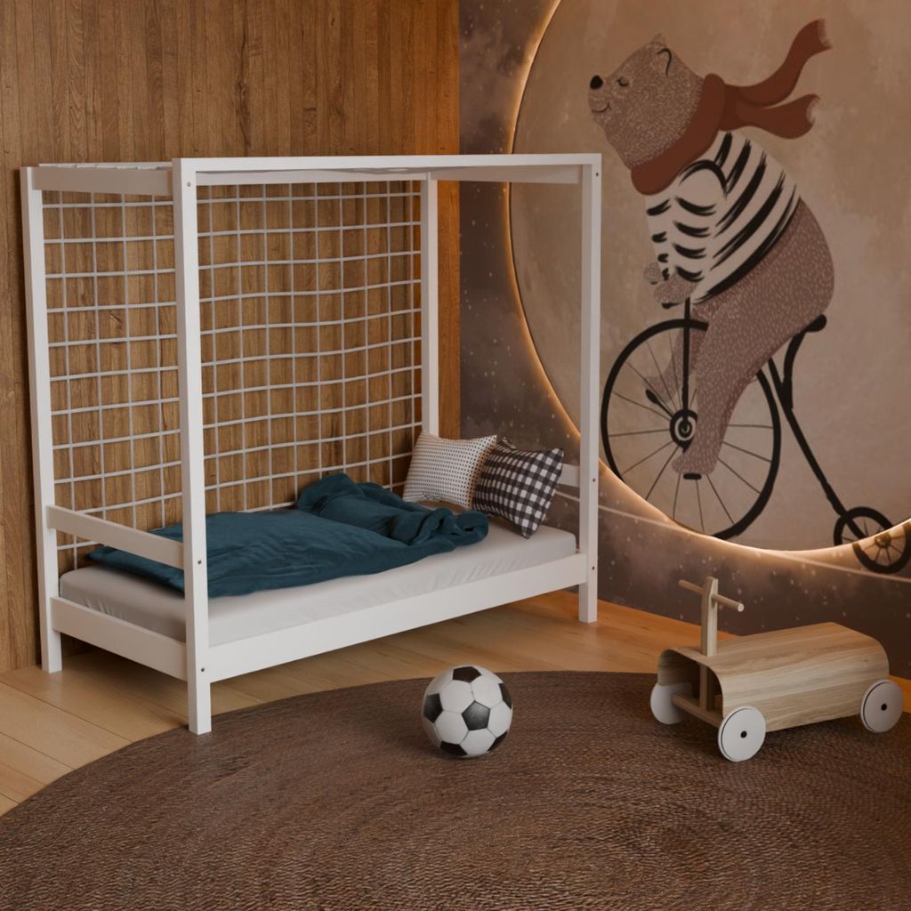 HAGO24 Kinderbett Fußballtor weiß Jugendbett Einzelbett Holz 70x140cm Kiefer Lattenrost Netz Spielbett Torrahmen
