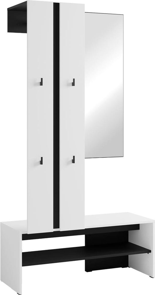 byLIVING Kompaktgarderobe NANTE / Weiß, Absetzung in schwarz / Spiegel, Kleiderstange, offene Fächer / Garderobenmöbel / Flurgarderobe / Maße: ...