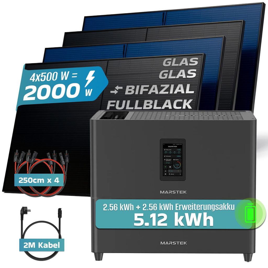 SUNNIVA 2000W Balkonkraftwerk mit 5,12 kWh Speicher MARSTEK Jupiter C + Plus, 4x500W BIFAZIAL FULLBLACK komplett Steckdose, Solaranlage Solarspei...
