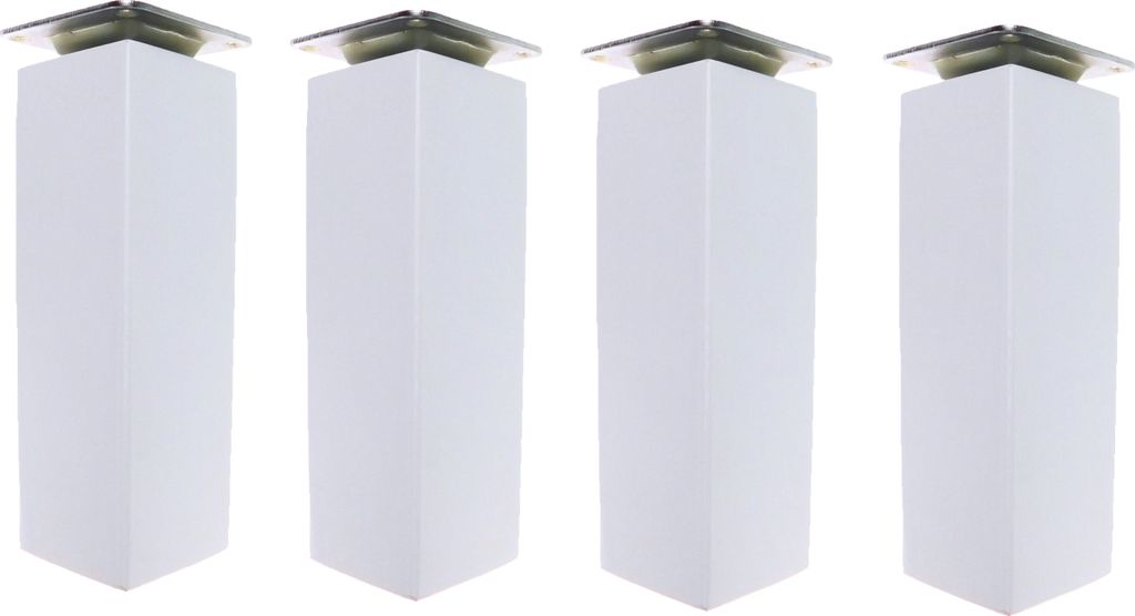Four white square furniture legs with silver tops are arranged in a row against a white background.