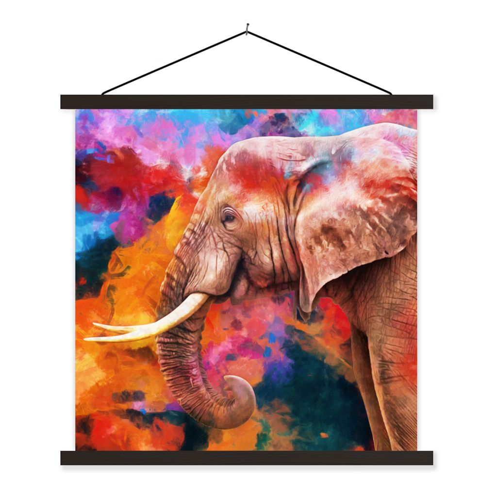 MuchoWow Textilposter Gemälde - Öl - Regenbogen - Elefant 90x90 cm mit schwarzem Rahmen - Magnetisches