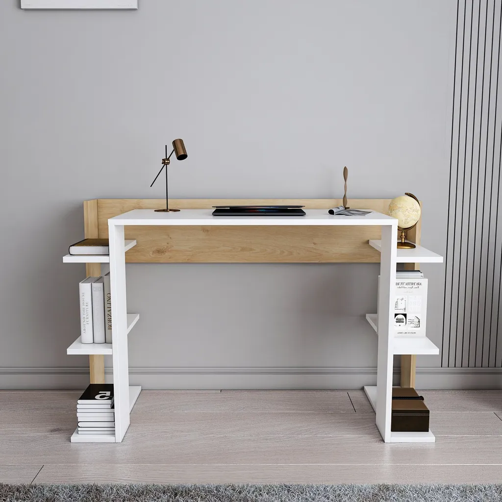 Bureau en Bois Mélaminé Robuste Çinar Blanc et Chêne 122cm Skye Decor