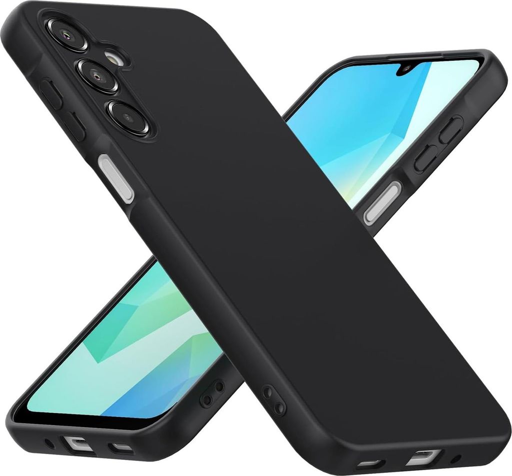 Two black phone cases are displayed diagonally against a white background, with the screens of two phones visible within the cases.