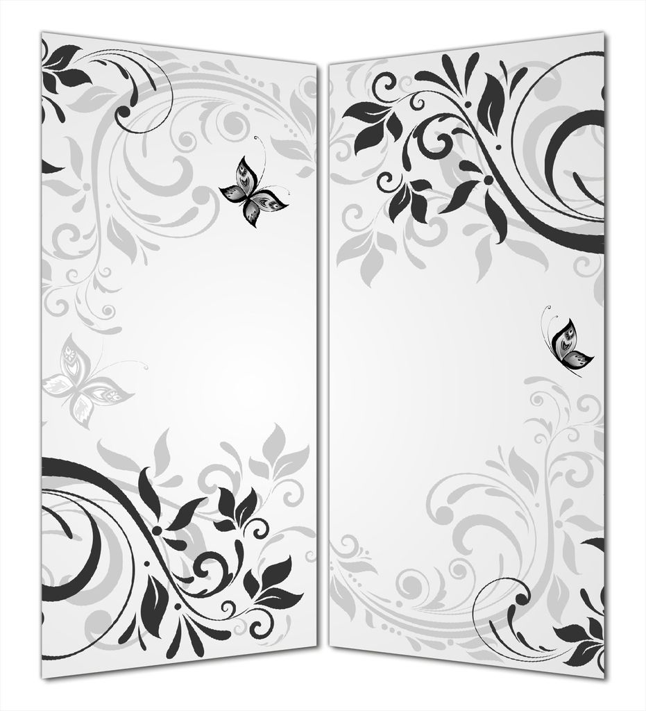 Wallario selbstklebende Duschrückwand 180 x 180 cm mit Motiv Schnörkelmuster mit Schmetterlingen - Wandverkleidung mit Hochglanzlaminat in Glasoptik