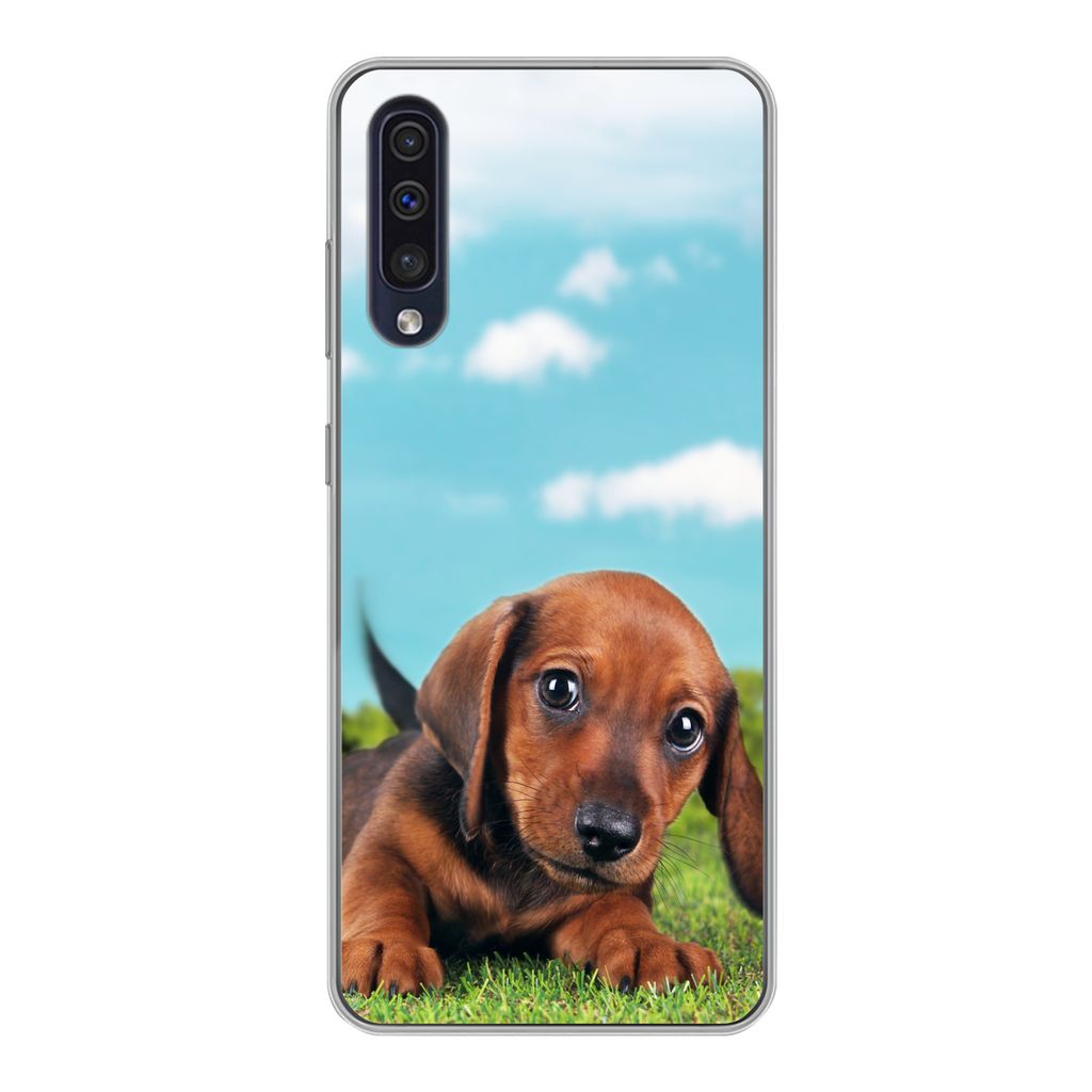 MuchoWow Handyhülle Schutzhülle Hülle für Samsung Galaxy A30s Schöner Himmel über einem niedlichen Dackelwelpen Silikon Softcase Handy Hül...