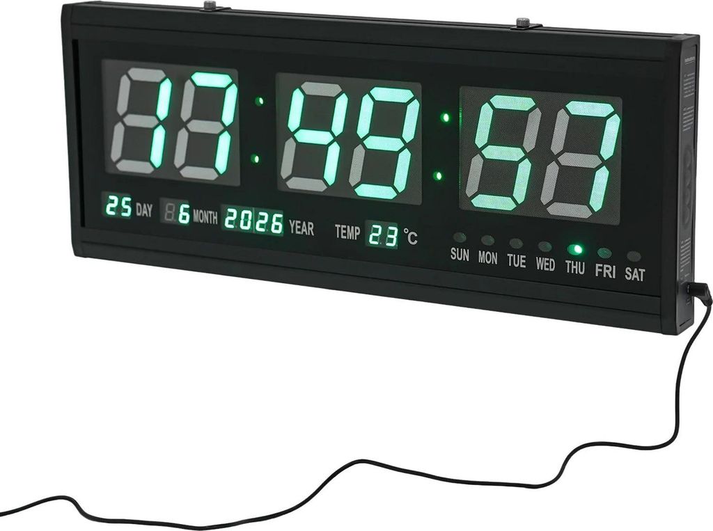 Digitale LED Wanduhr - Große Wanduhr - 48×19 cm - Datum & Temperatur - 220V Netzbetrieb - Lautlos - Schwarz mit grüner LED-Anzeige