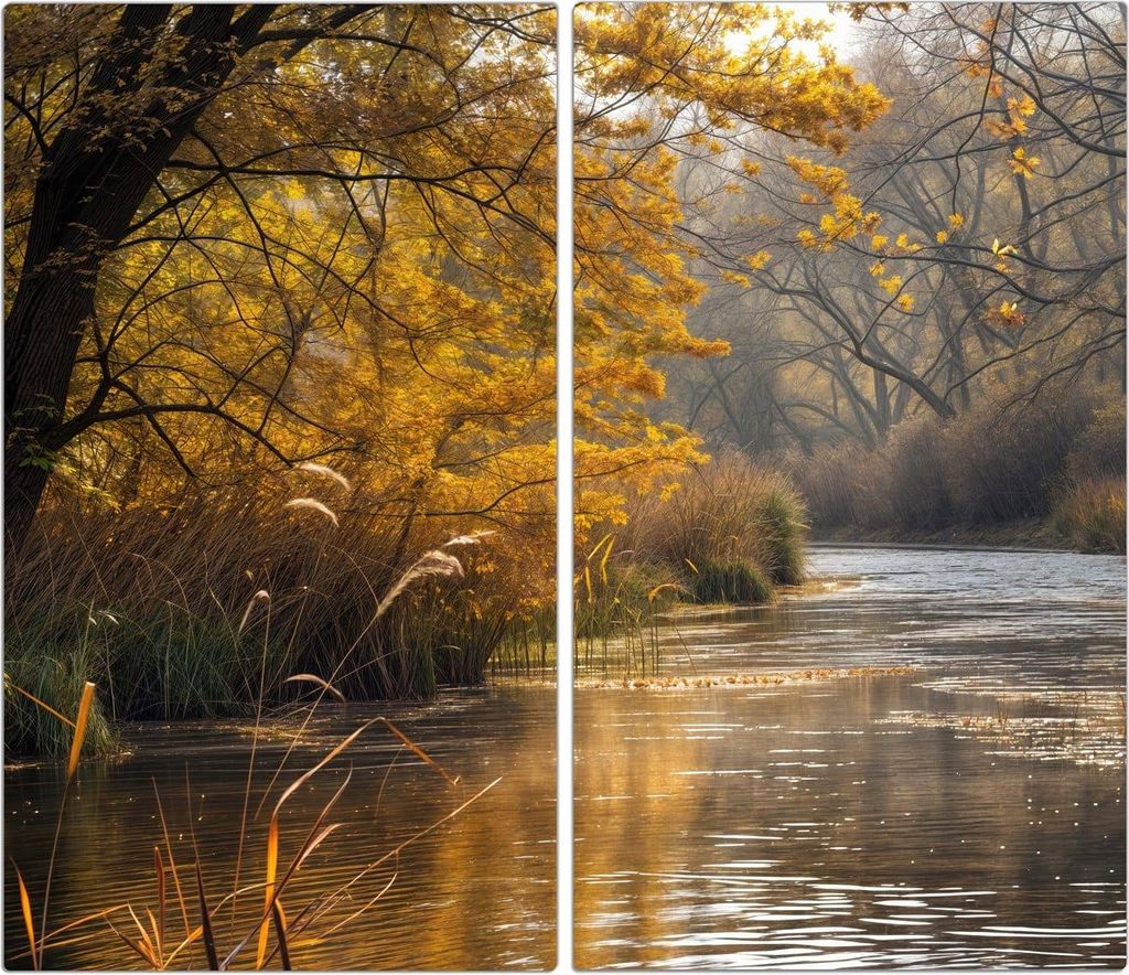 Spritzschutz Herdabdeckplatte Schneidebrett aus Glas Herbstliches Ufer 2-Teilig (60x52cm)