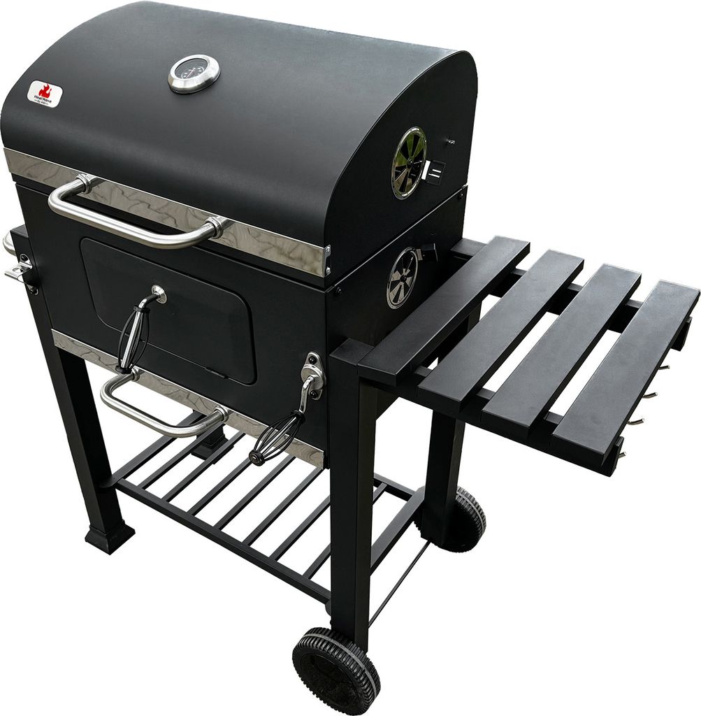 A black charcoal grill with a silver handle and thermometer, shown on a white background.