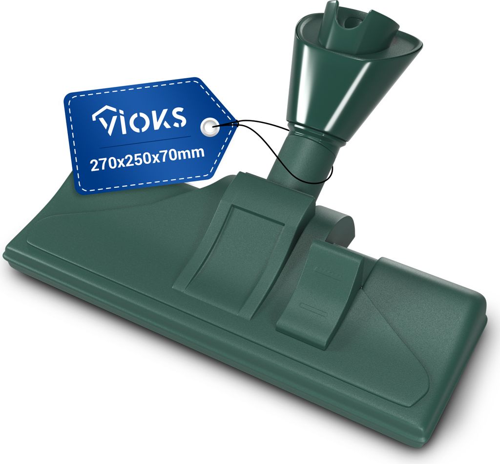 A green vacuum cleaner nozzle is shown against a white background, with a blue tag attached.
