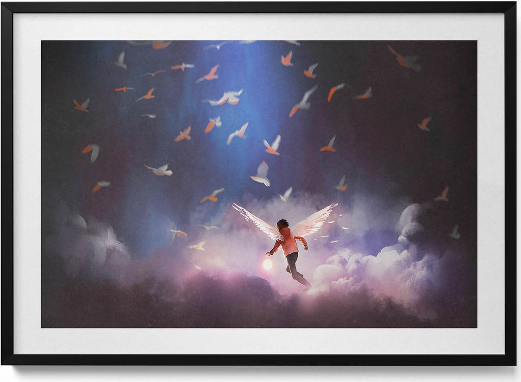 Junge mit Engelsflügeln– Wandbild mit Rahmen – Gerahmtes Bild – Wanddekoration – 100x70 cm – Schwarz Rahmen
