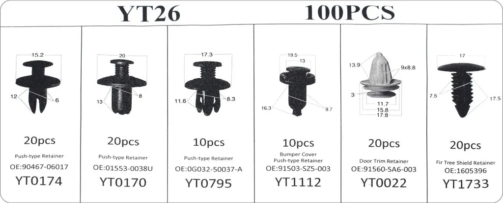 Kit 100 Rivetti a Pressione in Nylon per Carrozzeria Auto - 6 Dimensioni