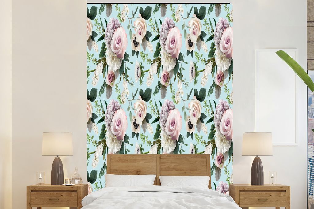 MuchoWow Fototapete für Wohnzimmer oder Schlafzimmer Wandtapete Vinyl Motivtapete Blumen - Rosen - Flieder - 200x300 cm - Wanddekorationen