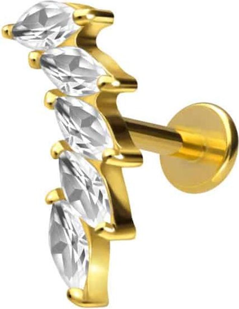 Ohrpiercing, Nasenpiercing Titan Labret mit Innengewinde 5 EINGEFASSTE KRISTALLTROPFEN Gold Stablänge: 10mm | Stabstärke: 1,6mm