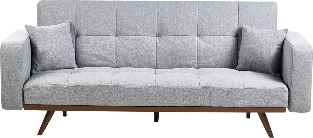 BELIANI 3-Sitzer Sofa Grau Stoff Gepolstert Gesteppt mit Schlaffunktion Armlehnen 2 Dekokissen Dunkle Metallbeine Klassisches Design Schlafsofa