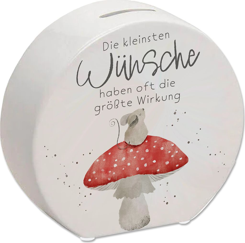 Maus auf Fliegenpilz Spardose mit Spruch Kleinste Wünsche größte Wirkung