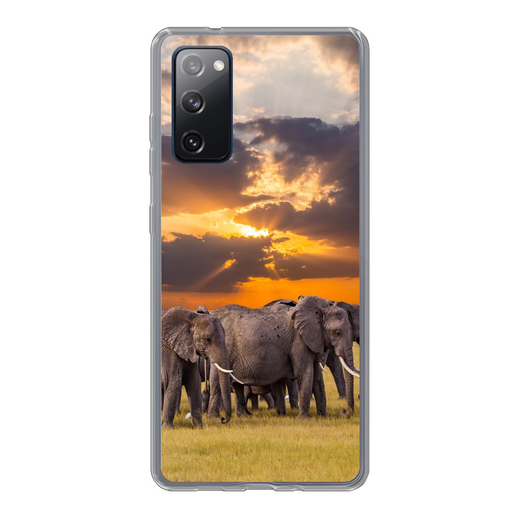 MuchoWow Handyhülle Schutzhülle Hülle für Samsung Galaxy S20 FE Elefant - Tiere - Gras - Sonnenuntergang - Natur Silikon Softcase Handy Hüll...