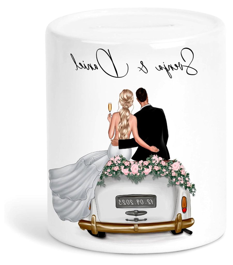 Personalisierte Spardose zur Hochzeit mit Hochzeitsauto und Brautpaar