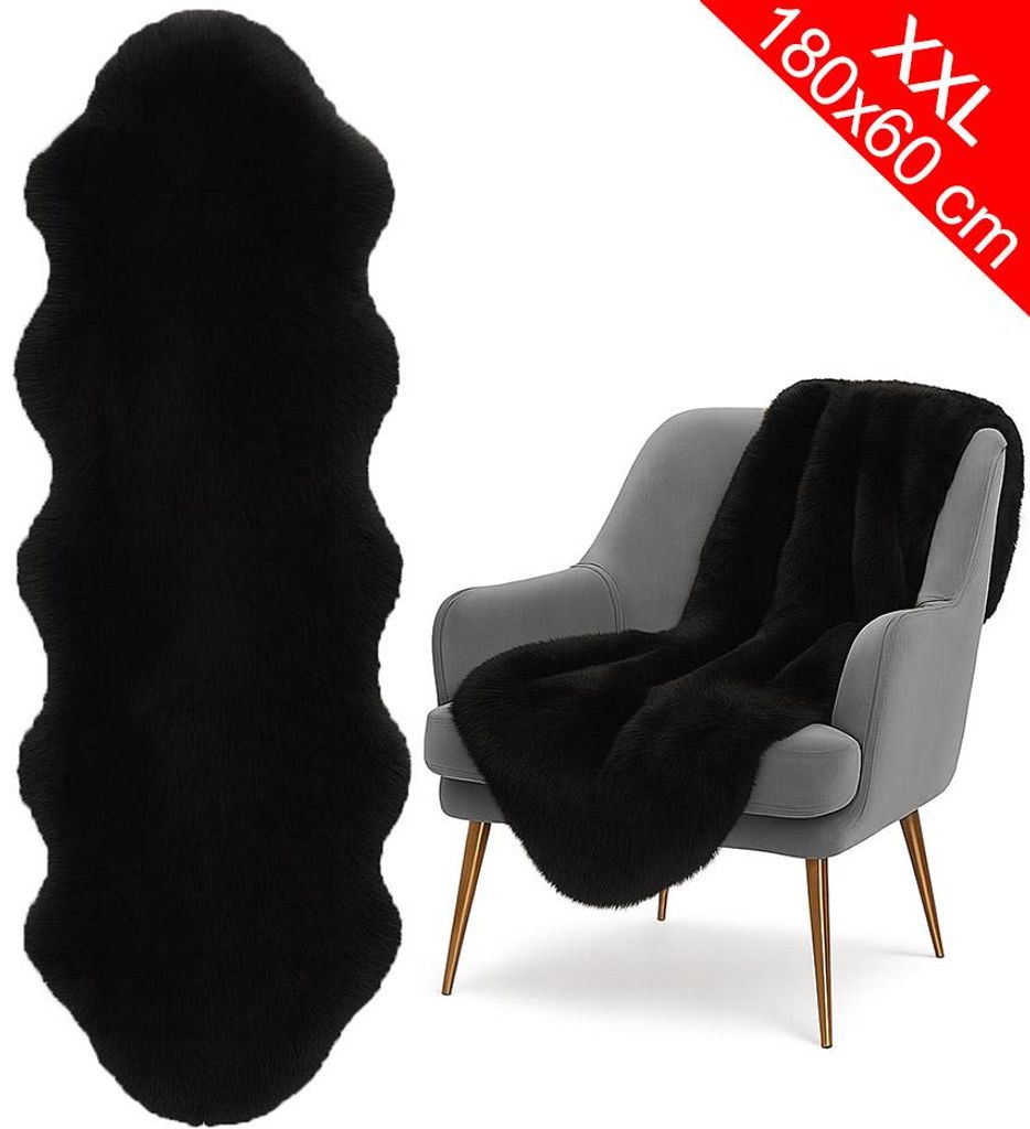 XXL Lammfell 180x60cm Teppich Kunstfell Bettvorleger Schaffell Imitat Doppelfell Schwarz