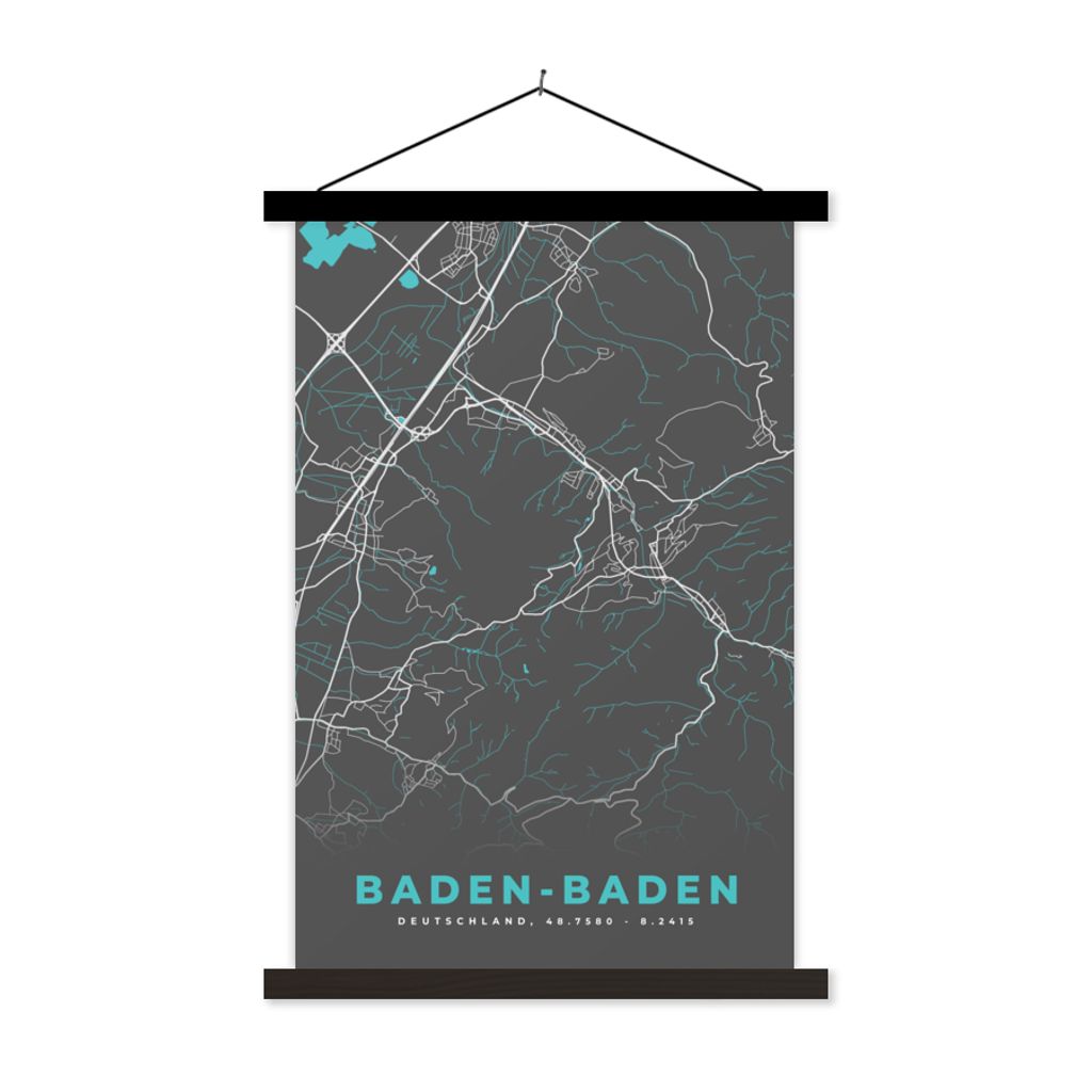 MuchoWow Textilposter Karte - Stadtplan - Baden Baden - Deutschland - Blau 40x60 cm mit schwarzem Rahmen - Wanddekorationen