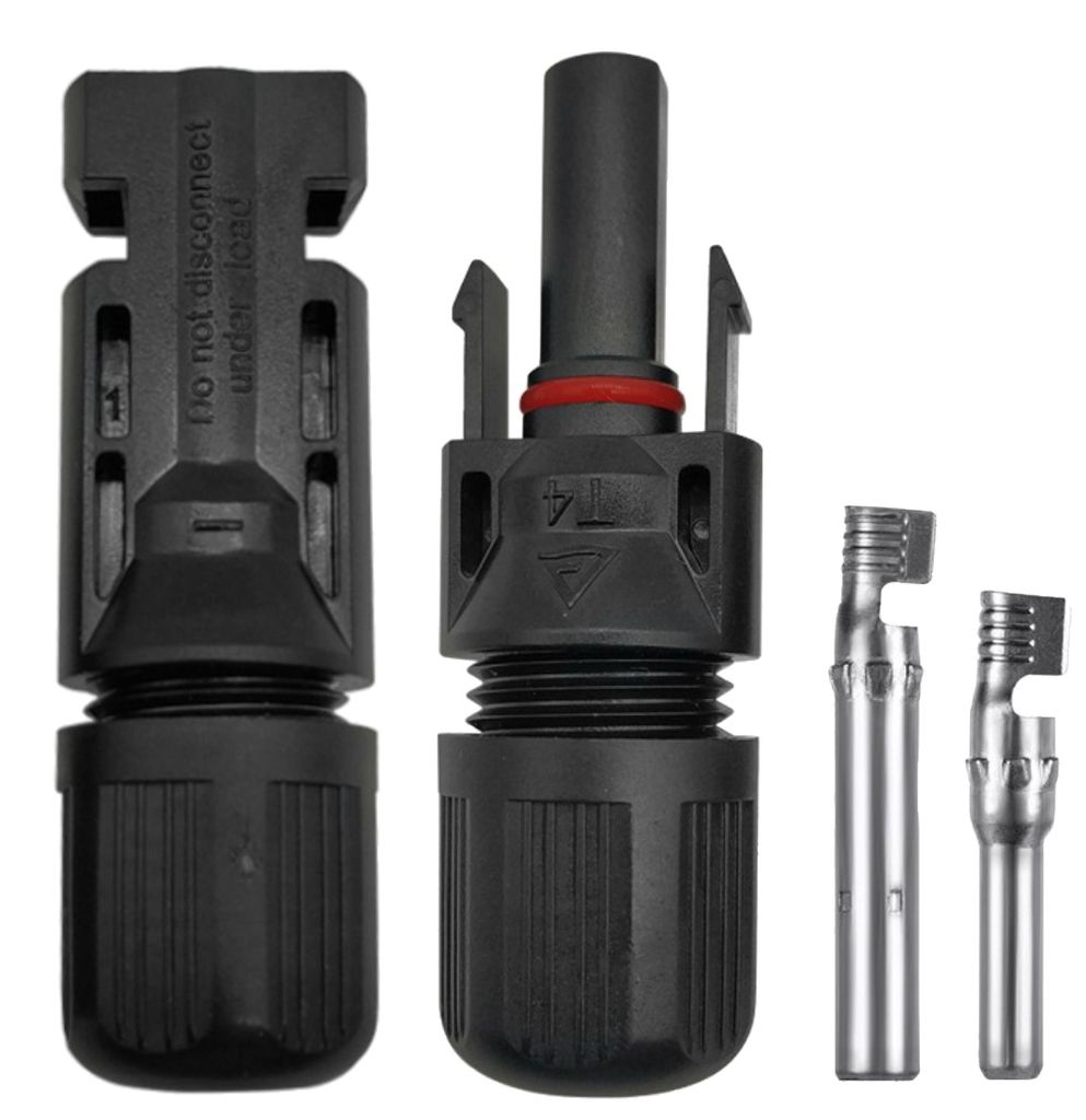 A set of solar connectors and their internal metal pins, displayed against a white background.