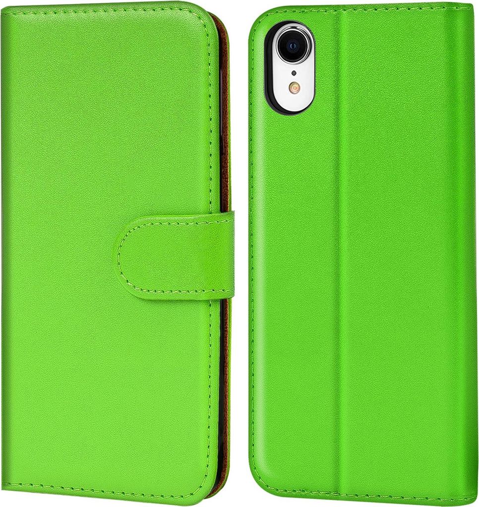 A green book-style phone case for an iPhone XR is shown from the front and back.