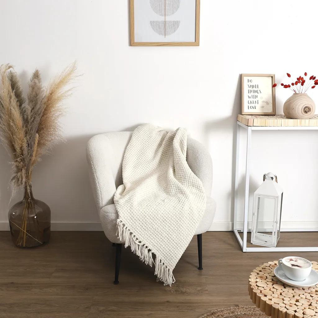Plaid Blanc Texture Gaufre en Chenille 125x150cm Douceur Effet Velours