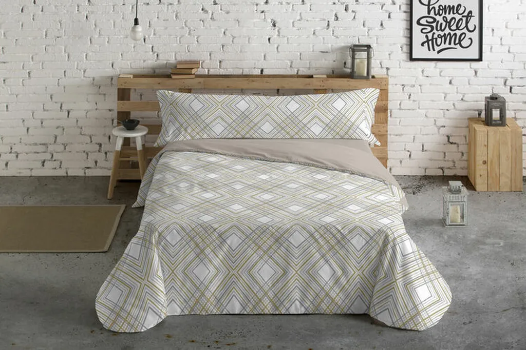 Housse de couette anti-plis Hosteline Lineas Beige - Parure de lit Double