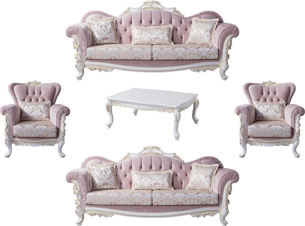 Casa Padrino Luxus Barock Wohnzimmer Set Rosa / Silber / Weiß / Gold - 2 Sofas & 2 Sessel & 1 Couchtisch - Edle Wohnzimmer Möbel im Barockstil
