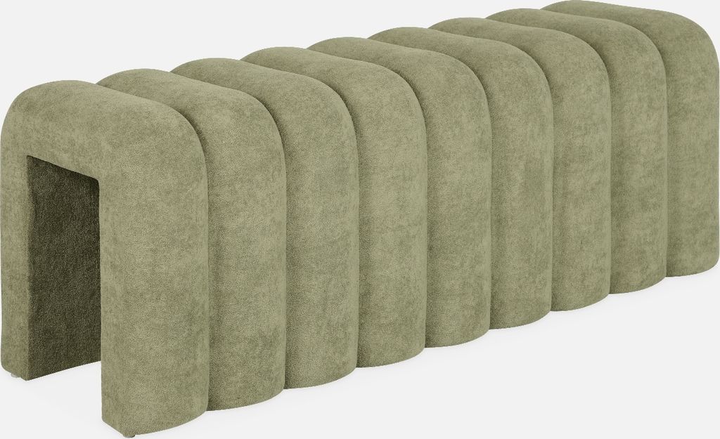 A green upholstered bench with a curved, segmented design.