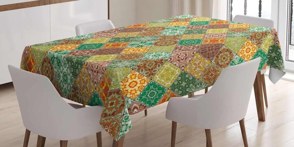 ABAKUHAUS orientalisch Tischdecke, Mosaik-Fliesen mit Vintage-Traditioneller Ostverzierung Motiven in Diagonal Squares, 140 x 170 cm, Mehrfarbig
