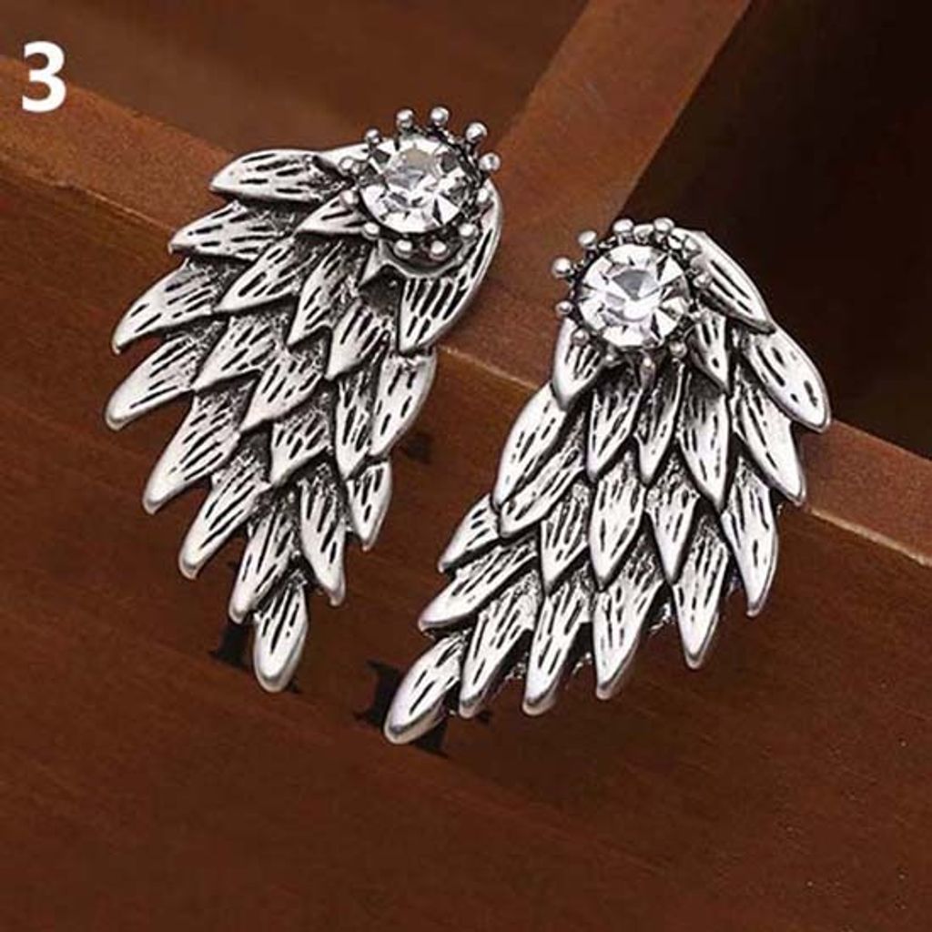 Frauen Retro Gothic Cool Schmuck Engel Flügel Strass Ohr Jacke Ohrringe-Silber