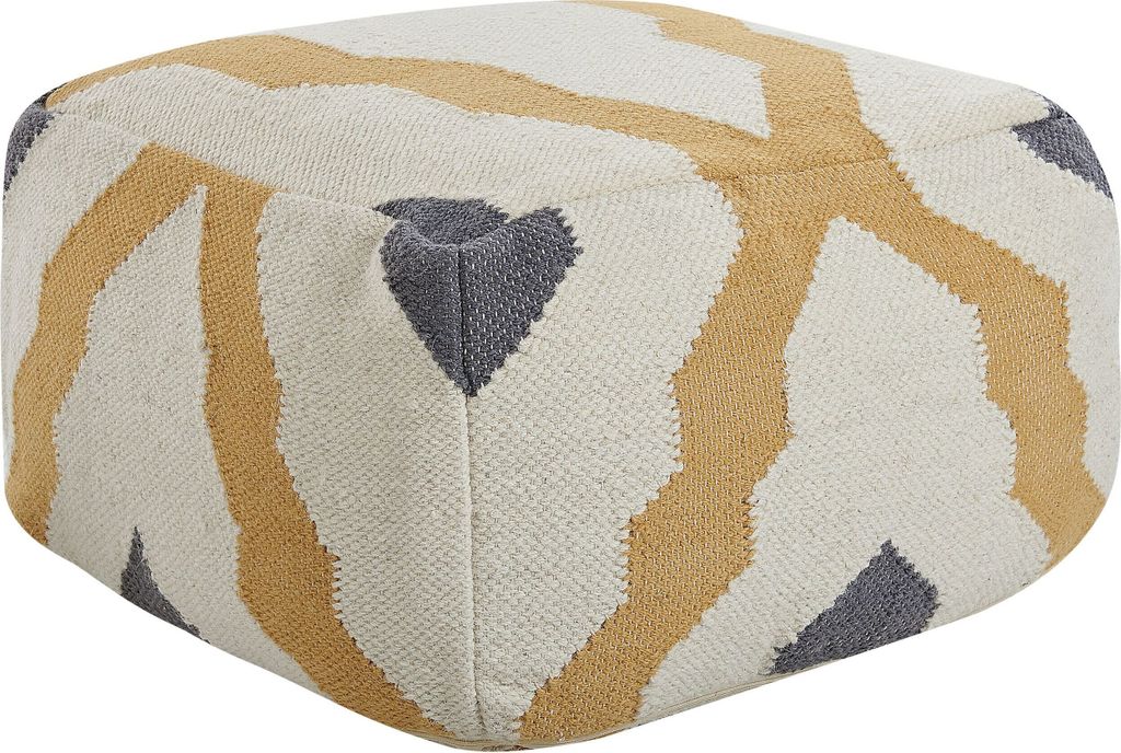 A square pouf with a geometric pattern.