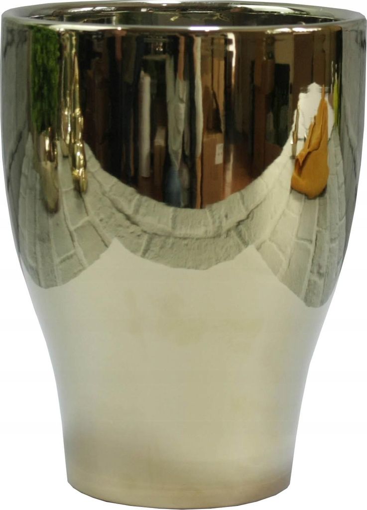 A reflective gold ceramic pot on a white background.